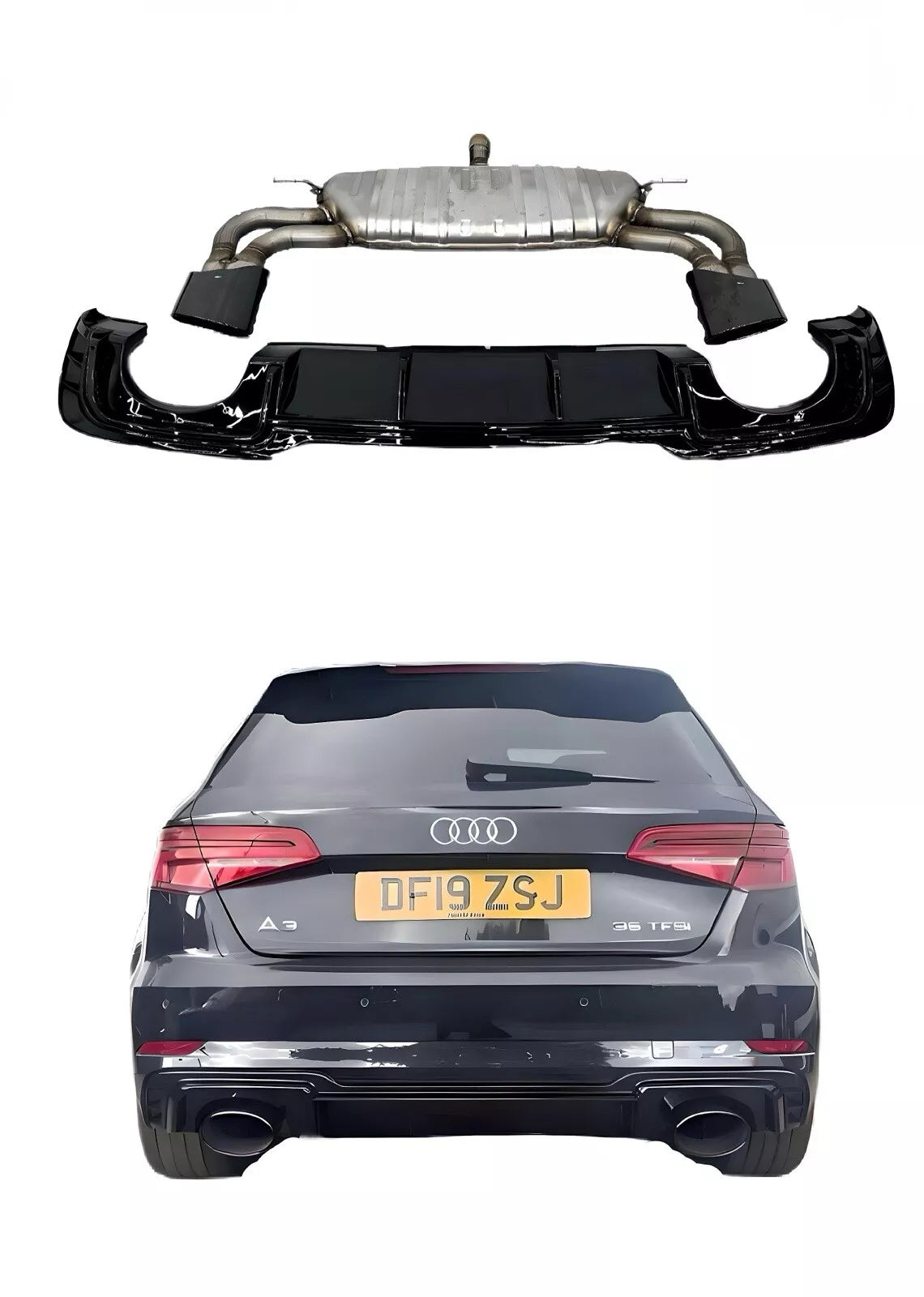 2017-2020 Audi A3 8V Glossy Black RS3 Rear Diffuser and Rear section exhaust